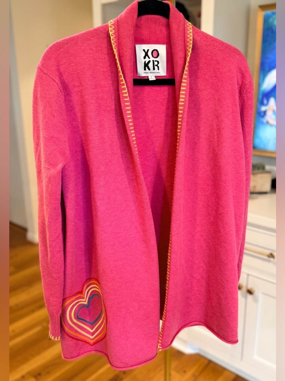 Kerri Rosenthal XOKR Heart Cardigan Pink Rainbow Stitch Open Front Sweater Small - Picture 2 of 12